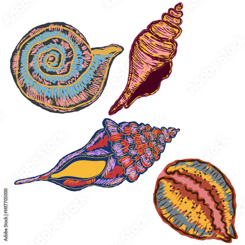 stylized technique. Marine world,  texture, pencil marker strokes. Vector element	