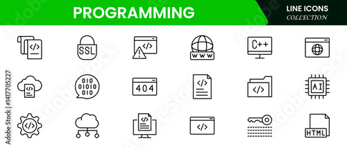 Programming and coding icon set. Software development icon collection. Contains such Icons as code, api, programmer, developer, information technology, coder and more
