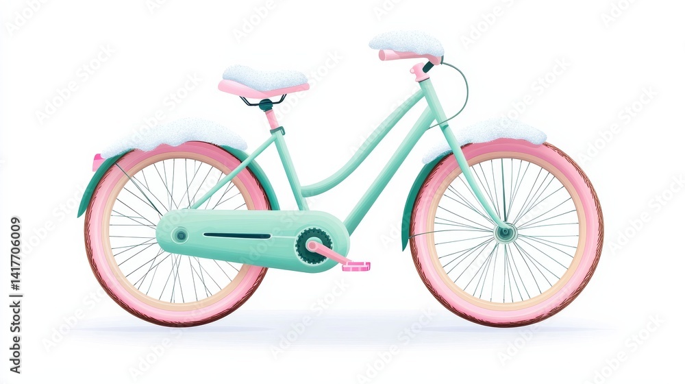 Fototapeta premium Colorful Vintage Bicycle Covered In Snow With Pastel Pink And Mint Green Details