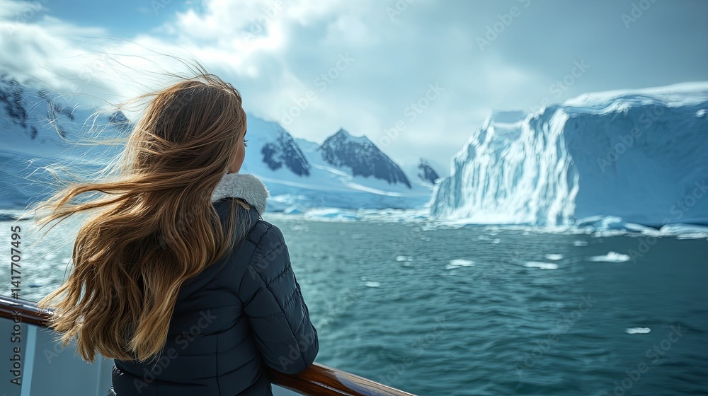Woman gazes at antarctic icebergs from a cruise ship. Woman gazes at antarctic icebergs from a cruise ship.
