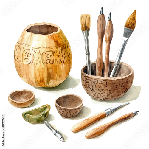 illustration of Peruvian Gourd Carving Toolkit, watercolor vector, isolated on a white background.