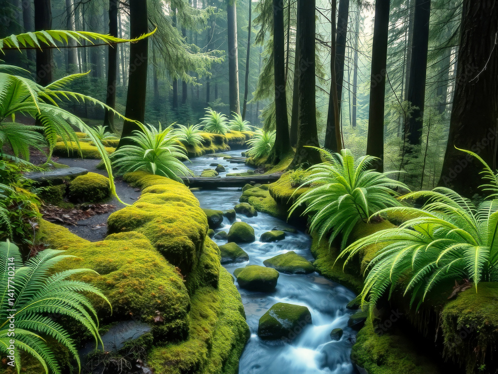 A lush green forest with a stream running through it. The moss on the rocks and the ferns on the ground give the scene a peaceful and serene atmosphere