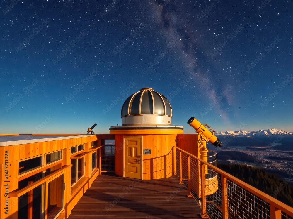 A telescope is on a wooden platform with a view of the city below. The sky is dark and the stars are visible