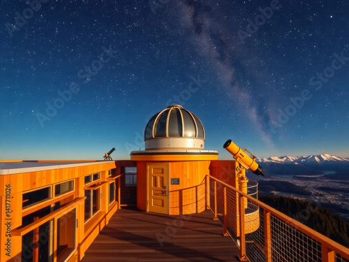 Obraz na płótnie A telescope is on a wooden platform with a view of the city below. The sky is dark and the stars are visible w salonie