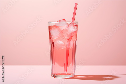 A pink soda can with ice cubes and a straw on a pastel background