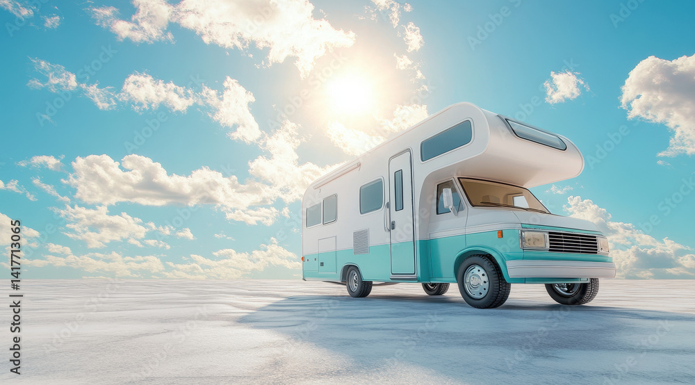 Naklejka premium Retro Campervan Road Trip: A vintage-style campervan, painted in pastel teal and white, cruises across a sun-drenched landscape, promising adventure and freedom on the open road.