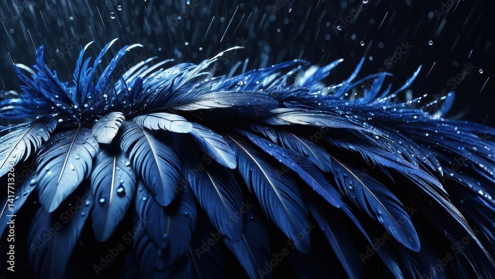 Dark blue feathered surface with water droplets