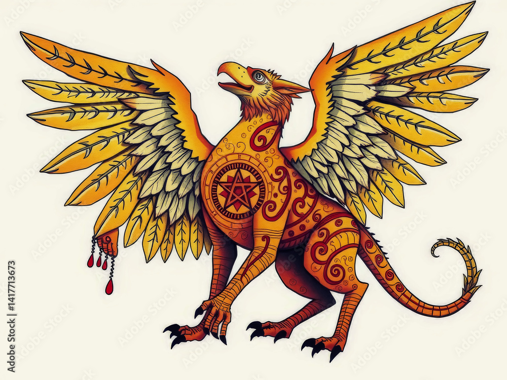 A golden bird with a star on its chest. The bird is standing on a white background. The bird has a red object in its mouth