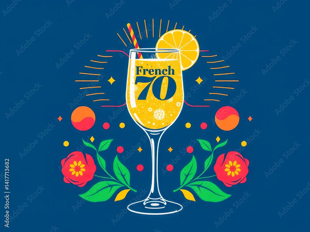 A colorful image of a glass of French 70 with a straw and a slice of lemon. The image has a fun and lively mood, with bright colors and a playful design
