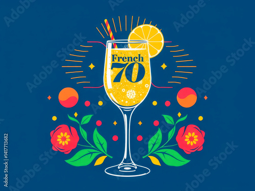 Obraz na płótnie A colorful image of a glass of French 70 with a straw and a slice of lemon. The image has a fun and lively mood, with bright colors and a playful design w salonie