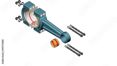 API-618 reciprocating compressor turbomachinery illustration drawing showing a connecting rod with a crank pin bearing, crosshead pin bushing, and lubricating oil passages highlighted in red