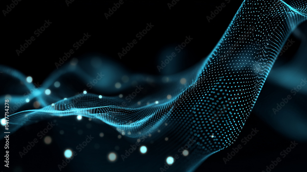 Fototapeta premium An abstract technological background, featuring blue glowing lines and dots in a dark sky, Abstract Background of Particles and Lines of Technology