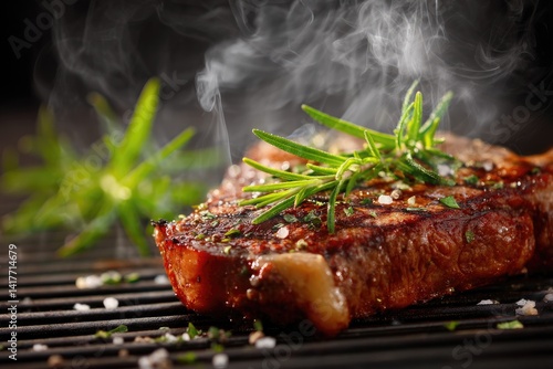 Obraz na płótnie Stylized shot of a sizzling T-bone steak on a barbecue, smoke rising, with detailed close-up of the herbs rosemary and basil and salt enhancement w salonie
