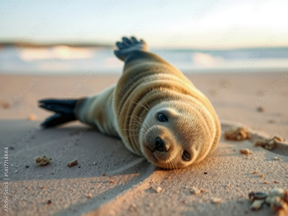 A seal laying on the beach with its head up. Concept of relaxation and tranquility, as the seal is enjoying the warmth of the sun and the soft sand beneath it