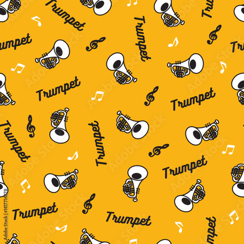 Yellow Brass Instrument Trumpet with Notes Pattern. Ideal for musicians, jazz lovers, and creative designers looking for a unique musical pattern. Perfect for backgrounds, fabric prints, etc