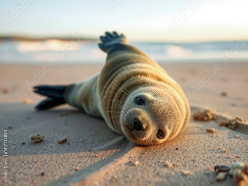 Obraz na płótnie A seal laying on the beach with its head up. Concept of relaxation and tranquility, as the seal is enjoying the warmth of the sun and the soft sand beneath it w salonie