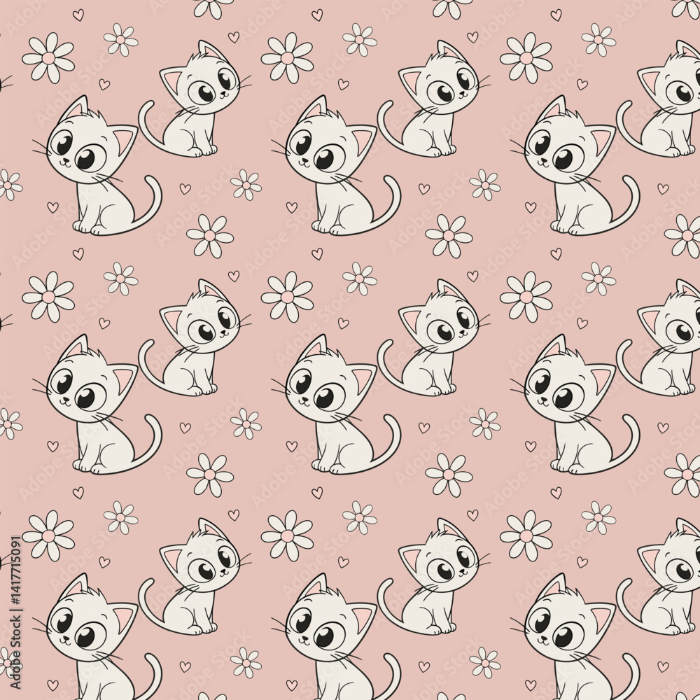 Cute Cat Seamless Pattern Kawaii Cartoon Kitten Design Cute Cat Seamless Pattern Kawaii Cartoon Kitten Design