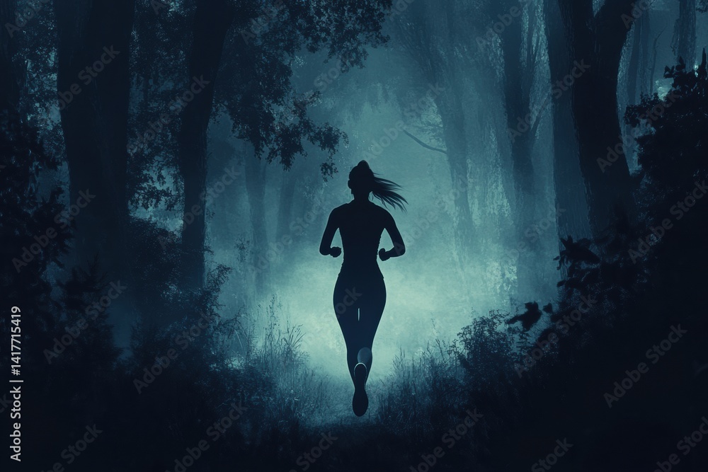 Naklejka premium Silhouette of female running through misty forest at night
