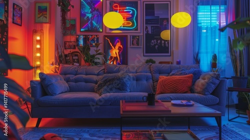 Artistic living room with couch, table, neon lights, and bold posters, styled like an art student's creative haven