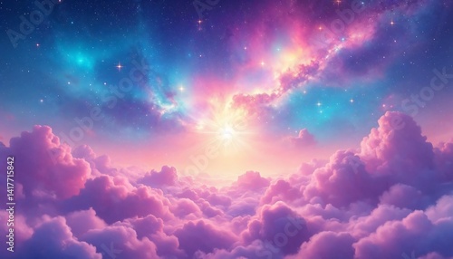 Dreamy Sky Above Clouds with Starry Galaxy and Celestial Light