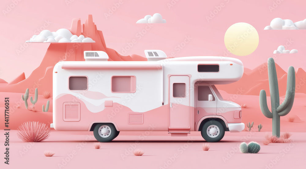 Fototapeta premium Pink RV on a Desert Adventure: A vibrant pink RV, set against a surreal desert landscape, ready for a journey. The illustration evokes a sense of adventure.