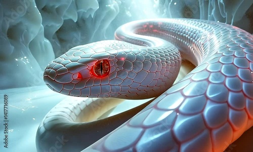 A striking close-up of a white snake coiled in a mystical ice cave, glowing with ethereal light