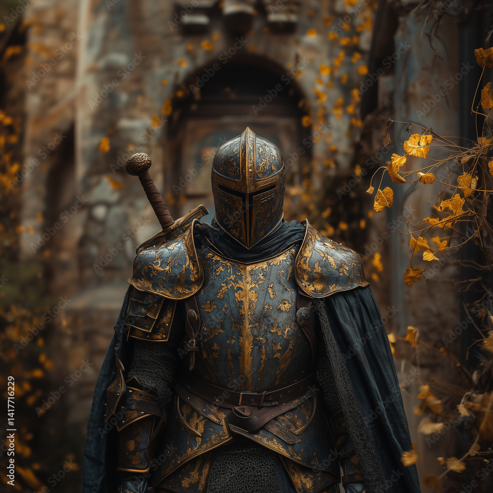 Knight in weathered armor stands amidst autumn foliage in ancient ruins knight, armor, sword, ancient, ruins, foliage, autumn, corridor, stone, vigilant, medieval Knight in weathered armor stands amidst autumn foliage in ancient ruins knight, armor, sword, ancient, ruins, foliage, autumn, corridor, stone, vigilant, medieval