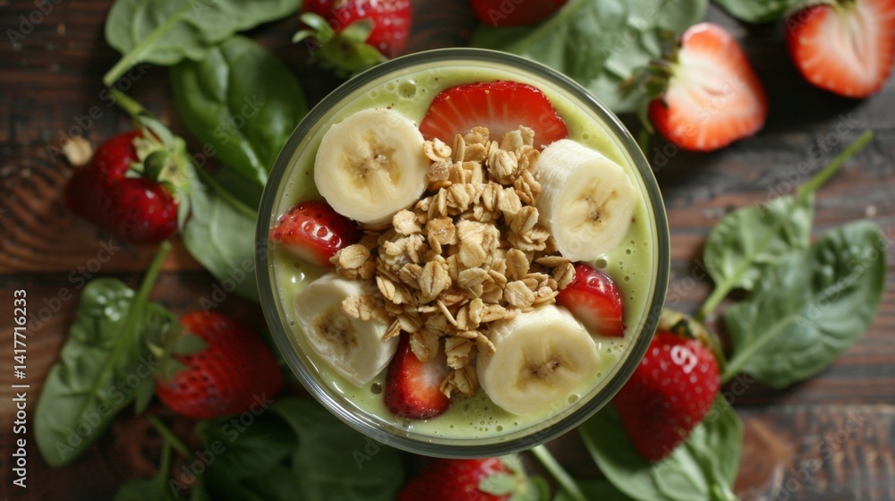 A top-down shot of a refreshing fruit smoothie with strawberries, bananas, and spinach, topped with granola for a healthy spring breakfast. A top-down shot of a refreshing fruit smoothie with strawberries, bananas, and spinach, topped with granola for a healthy spring breakfast.