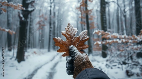 Person in winter gloves holding brown leaf in snowy forest, seasonal stillness