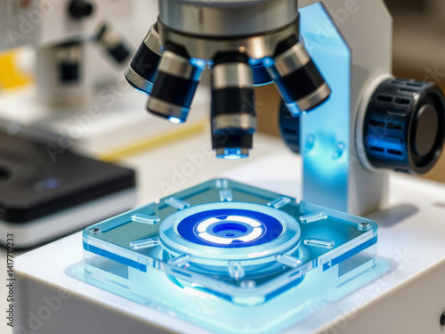 A microscope is focused on a blue object. The blue object is in the center of the image