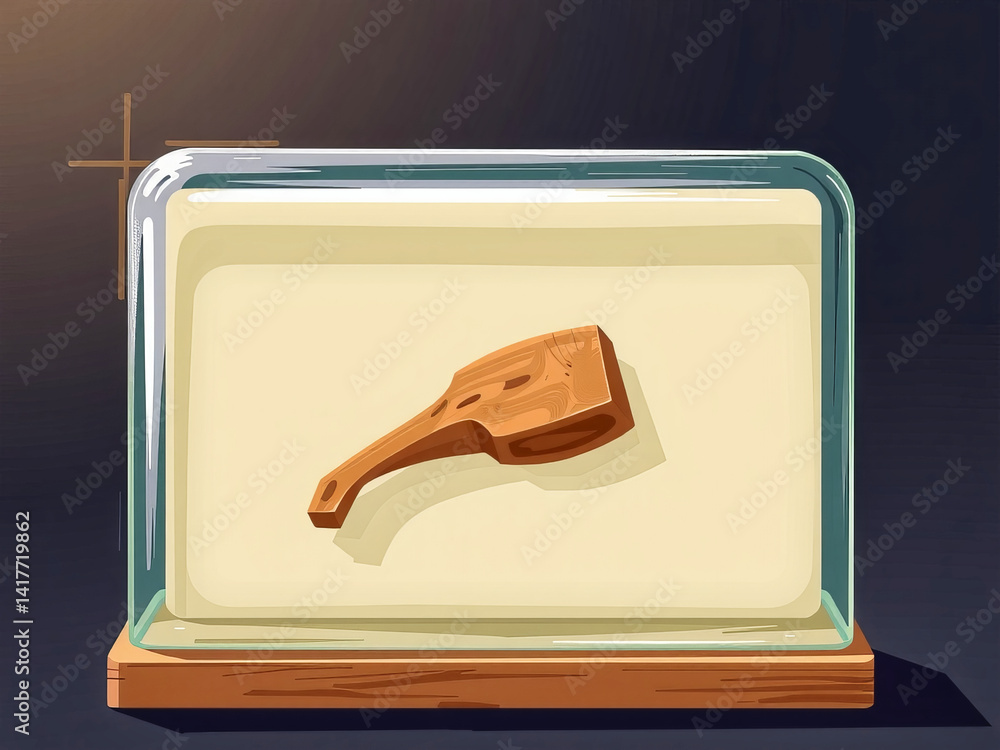 A wooden paddle is displayed in a glass case. The paddle is old and worn, with a few scratches and dents. The case is on a wooden stand, and the room is dark. Scene is somewhat somber