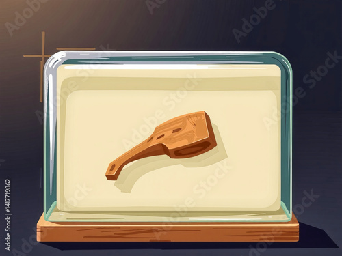 Obraz na płótnie A wooden paddle is displayed in a glass case. The paddle is old and worn, with a few scratches and dents. The case is on a wooden stand, and the room is dark. Scene is somewhat somber w salonie