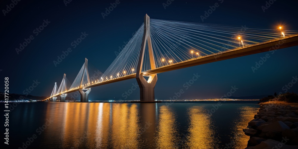 Obraz premium A breathtaking view captures the grandeur of a beautifully illuminated bridge at night reflecting in calm waters, symbolizing progress and architectural elegance against a dark sky.