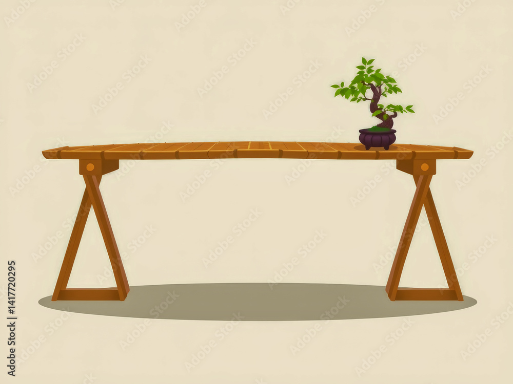 A wooden table with a potted plant on top of it. The table is empty and has a simple design