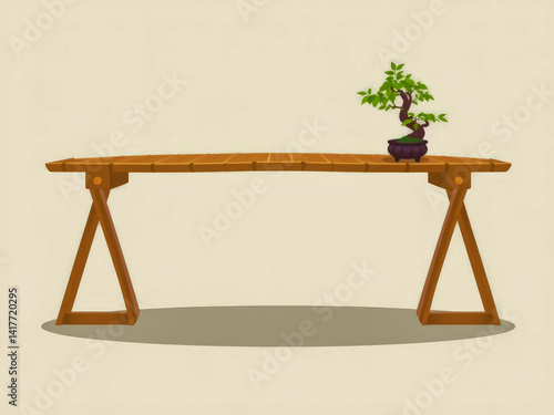 A wooden table with a potted plant on top of it. The table is empty and has a simple design