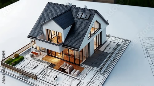 Architectural Visualization, Modern House Design on Blueprint - 3D Rendering Showcase