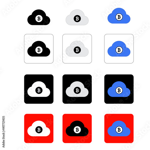 cloud and bit coin icons, black, white and colored buttons