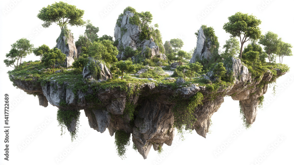 Tropical Plants With Ferns and Moss on Isolated Rocky Structure Against a White Background, Floating island have only yard landscape outdoors nature.