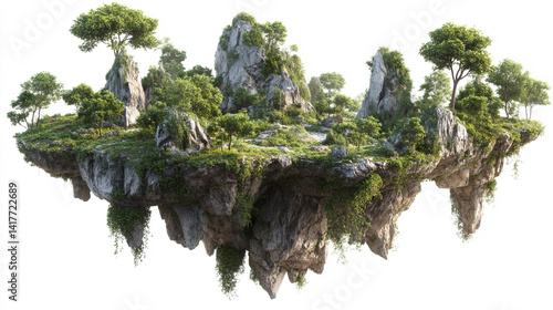 Obraz na płótnie Tropical Plants With Ferns and Moss on Isolated Rocky Structure Against a White Background, Floating island have only yard landscape outdoors nature. w salonie