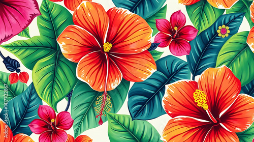 Wallpaper Mural A colorful hand-drawn style seamless pattern of hibiscus and monstera with transparent background Torontodigital.ca