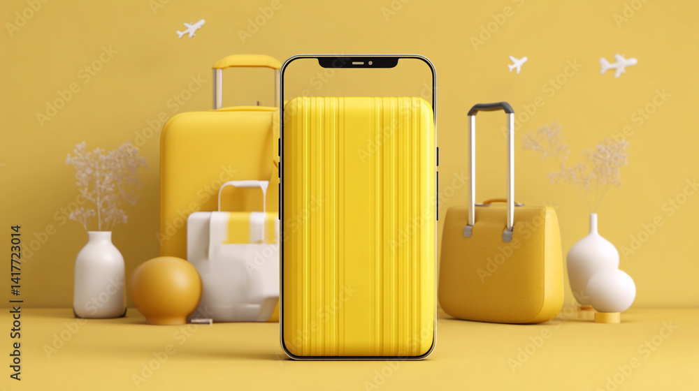 Travel time concept poster presented A bright yellow suitcase set against a vibrant yellow background