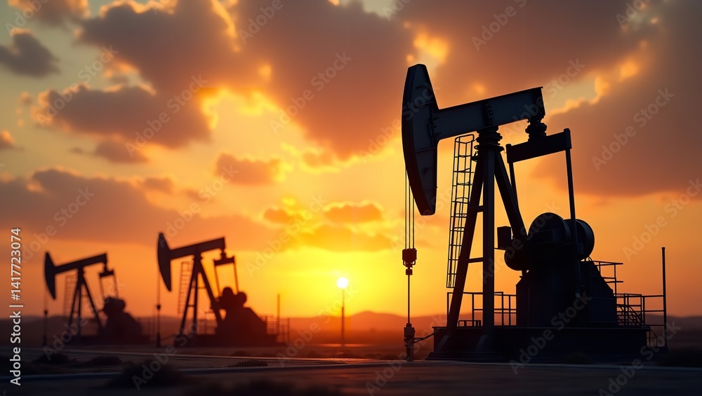 Oil pumps silhouette at sunset energy industry dramatic sky three rigs golden hour light industrial Oil pumps silhouette at sunset energy industry dramatic sky three rigs golden hour light industrial