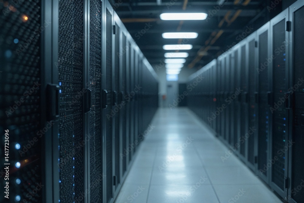 Black Server Racks with Status Lights in Data Center Black Server Racks with Status Lights in Data Center