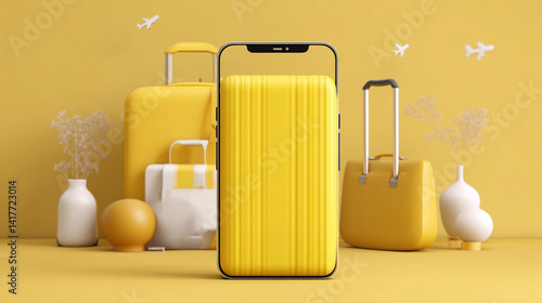 Obraz na płótnie Travel time concept poster presented A bright yellow suitcase set against a vibrant yellow background w salonie