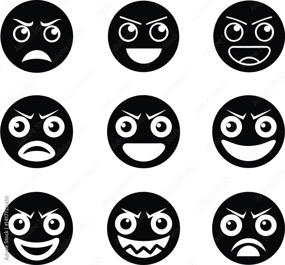 Fototapeta premium Emoji Emoticon Silhouette Icon Set – Wow, Sad, Happy & Expression Faces Vector.