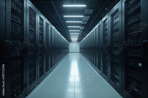 Expansive Aisle of Server Racks Receding into a Modern High-Tech Data Center Facility
