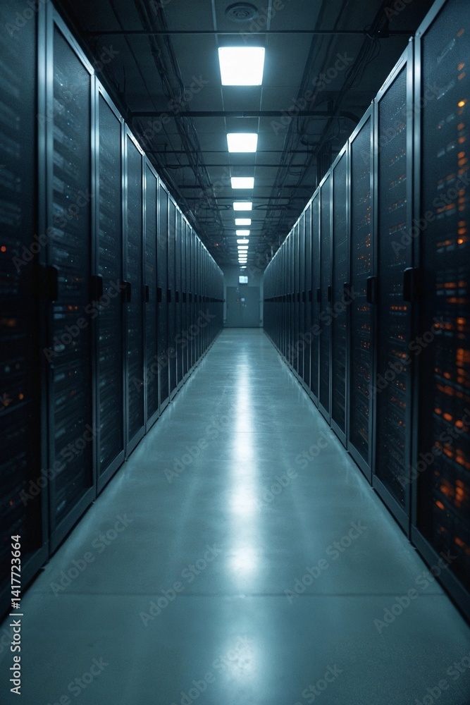 Fototapeta premium Technology Background Concept: Server Room Corridor with Racks Vanishing into Bright Distance