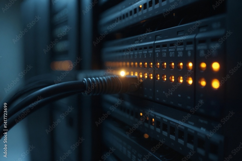Modern Networking Equipment: Focused Close-Up of Switch Monitoring Connections in Server Room Modern Networking Equipment: Focused Close-Up of Switch Monitoring Connections in Server Room