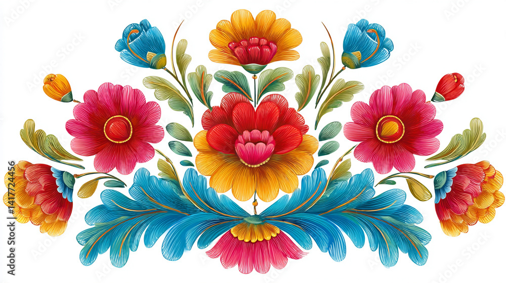 Watercolor Floral Bouquet with Blue, Pink, and Yellow Flowers, Vibrant gradient flowers bloom from sketches, combining traditional drawing with modern digital