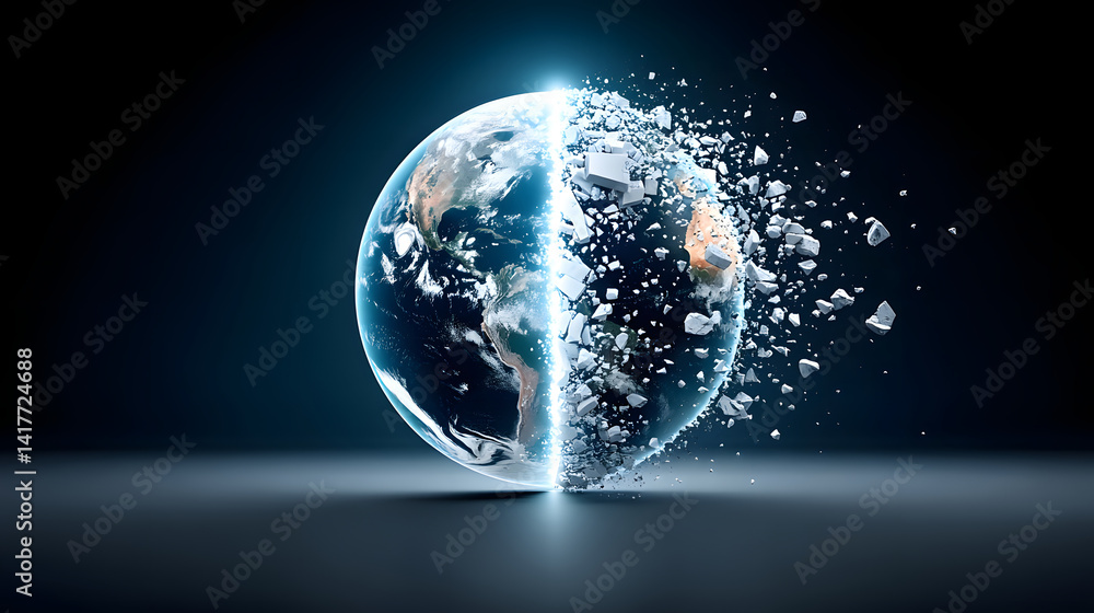Fototapeta premium Planet Earth breaking apart into dry pieces, showcasing extreme climate change and environmental destruction, evokes sense of urgency and concern for our planet future